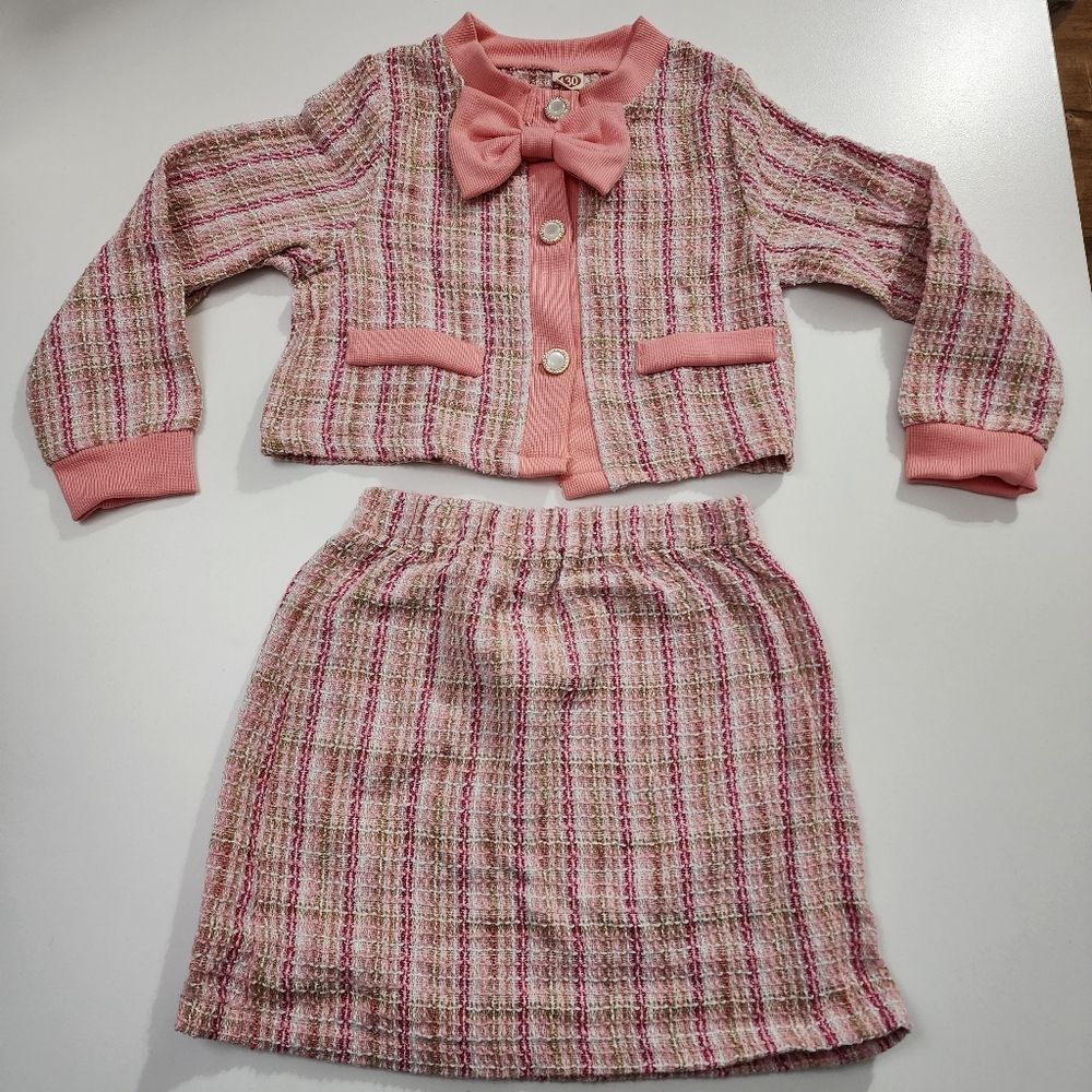 Girls Pink Stitched Knitted Spring Easter Sweater & Skirt Outfit Size 6-7